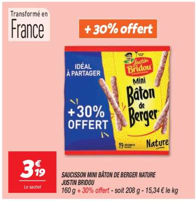 Saucisson Mini Bâton de Berger Nature Justin Bridou