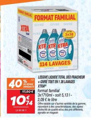 LESSIVE LIQUIDE TOTAL DÉO FRAICHEUR + GIVRÉ TOUT EN 1 38 LAVAGES XTRA