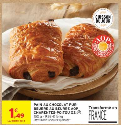 PAIN AU CHOCOLAT PUR BEURRE AU BEURRE AOP CHARENTES-POITOU X2