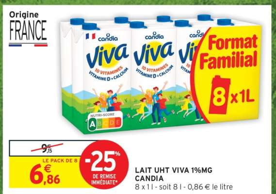 LAIT UHT VIVA 1%MG CANDIA