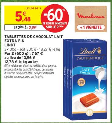 Tablettes De Chocolat Lait Extra Fin Lindt
