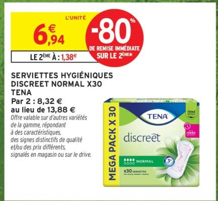 SERVIETTES HYGIÉNIQUES DISCREET NORMAL X30 TENA