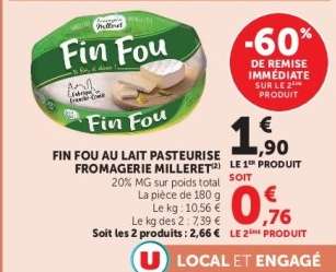 FIN FOU AU LAIT PASTEURISE FROMAGERIE MILLERET