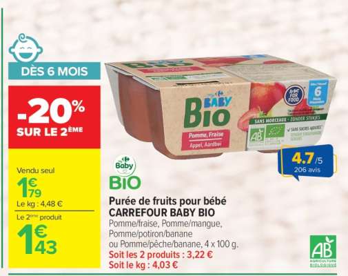 Purée de fruits pour bébé CARREFOUR BABY BIO