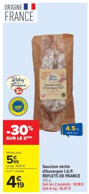 Saucisse sèche d'Auvergne I.G.P. REFLETS DE FRANCE