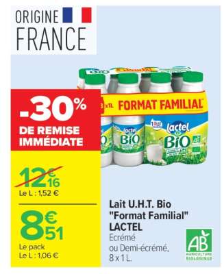 Lait U.H.T. Bio «Format familial» LACTEL