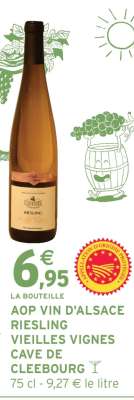 AOP VIN D'ALSACE RIESLING VIEILLES VIGNES CAVE DE CLEEBOURG