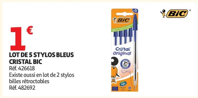 LOT DE 5 STYLOS BLEUS CRISTAL BIC