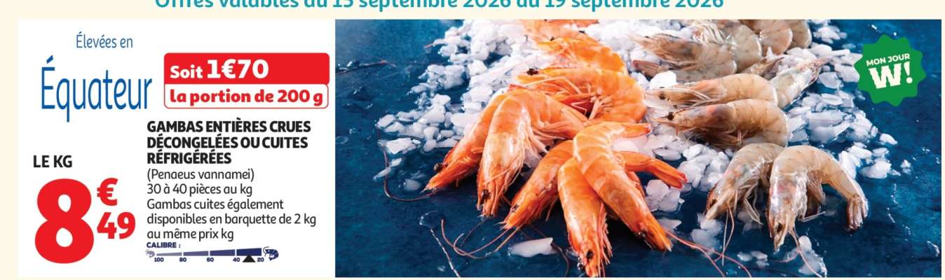 Gambas entières crues décongelées ou cuites réfrigérées