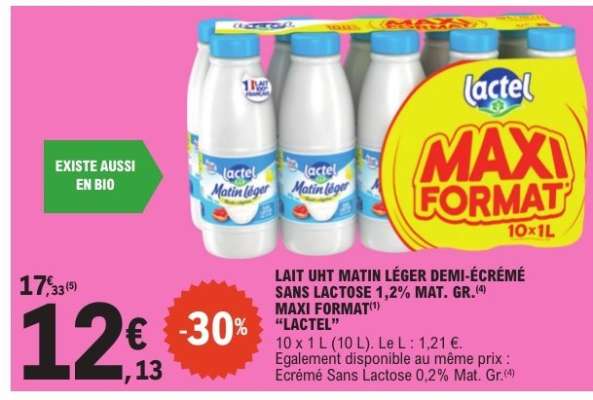 Lait UHT Matin Léger Demi-Écrémé Sans Lactose 1,2% Mat. Gr. Maxi Format