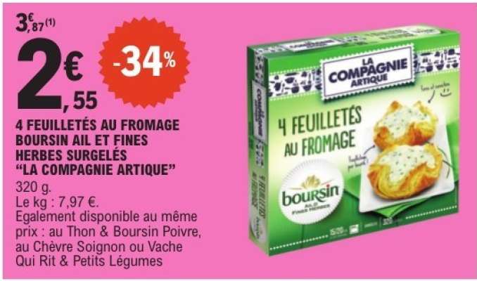 4 FEUILLETÉS AU FROMAGE BOURSIN AIL ET FINES HERBES SURGELÉS "LA COMPAGNIE ARTIQUE"