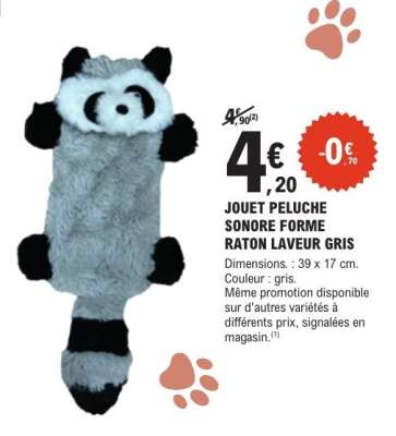 JOUET PELUCHE SONORE FORME RATON LAVEUR GRIS