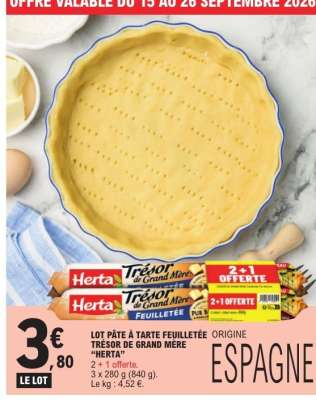 LOT PÂTE À TARTE FEUILLETÉE TRÉSOR DE GRAND MÈRE “HERTA”