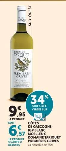 CÔTES DE GASCOGNE IGP BLANC MOELLEUX DOMAINE TARIQUET PREMIÈRES GRIVES