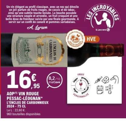AOP VIN ROUGE PESSAC-LÉOGNAN L'ENCLOS DE CARBONNIEUX 2024 - 75 CL