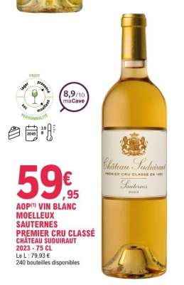 AOP(1) VIN BLANC MOELLEUX SAUTERNES PREMIER CRU CLASSÉ CHÂTEAU SUDUIRAUT 2023 - 75 CL