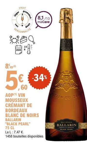 AOP VIN MOUSSEUX CRÉMANT DE BORDEAUX BLANC DE NOIRS BALLARIN "BLACK PEARL"
