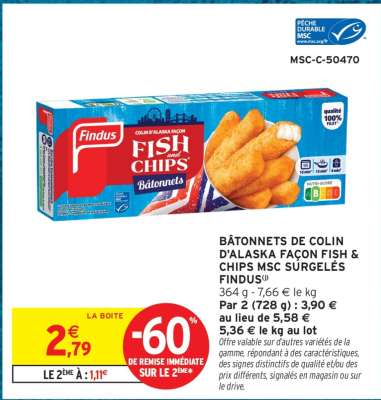 Bâtonnets de colin d'Alaska façon Fish & Chips MSC surgelés Findus