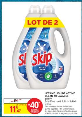LESSIVE LIQUIDE ACTIVE CLEAN 40 LAVAGES SKIP