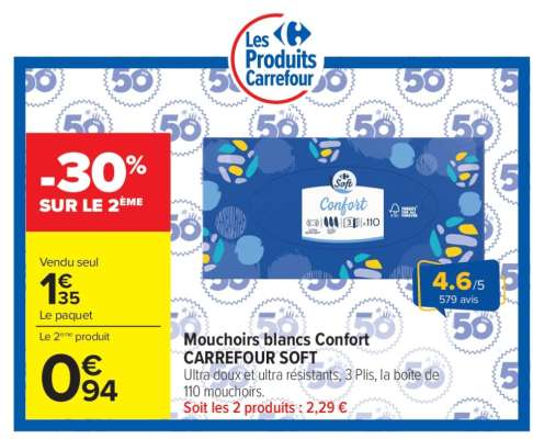 Mouchoirs blancs Confort CARREFOUR SOFT