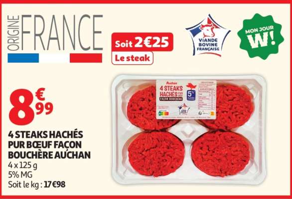 4 Steaks Hachés Pur Bœuf Façon Bouchère Auchan