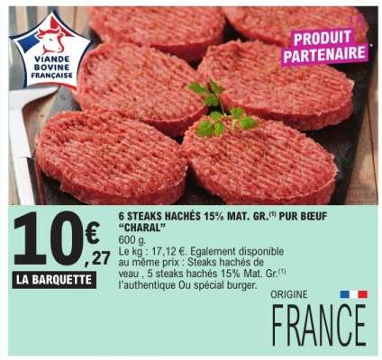 6 STEAKS HACHÉS 15% MAT. GR. PUR BŒUF 'CHARAL'