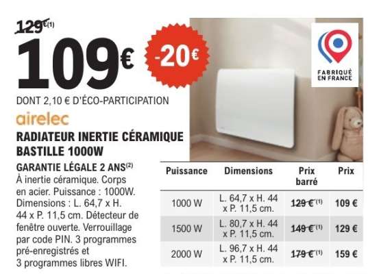airelec RADIATEUR INERTIE CÉRAMIQUE BASTILLE 1000W