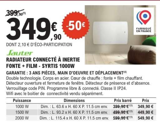 SAUTER RADIATEUR CONNECTÉ À INERTIE FONTE + FILM - SYRTIS 1000W