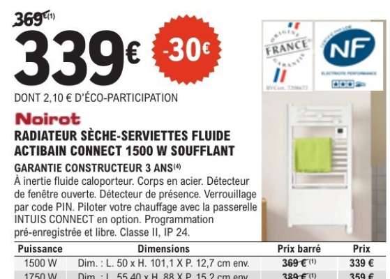 Noirot RADIATEUR SÈCHE-SERVIETTES FLUIDE ACTIBAIN CONNECT 1500 W SOUFFLANT