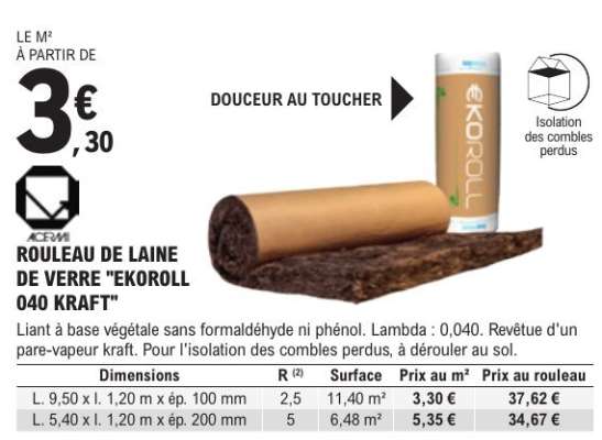 ROULEAU DE LAINE DE VERRE "EKOROLL 040 KRAFT"