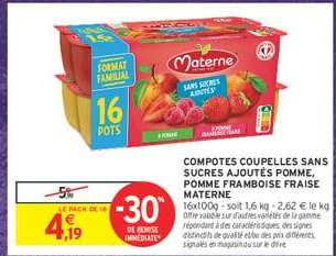 COMPOTES COUPELLES SANS SUCRES AJOUTÉS POMME, POMME FRAMBOISE FRAISE MATERNE
