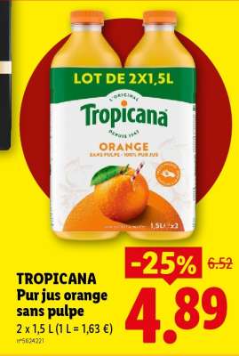 TROPICANA PUR JUS ORANGE SANS PULPE