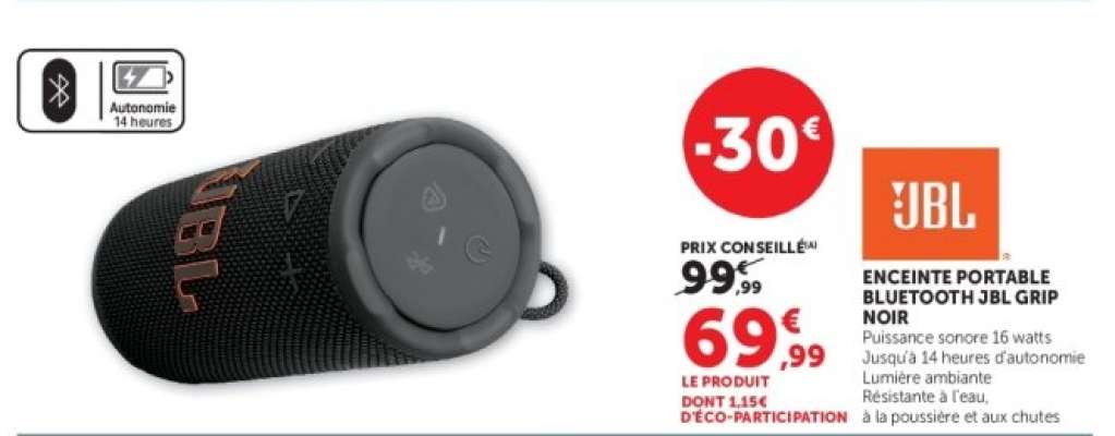 ENCEINTE PORTABLE BLUETOOTH JBL GRIP NOIR