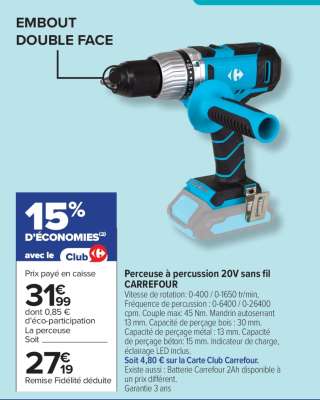 Perceuse à percussion 20V sans fil CARREFOUR