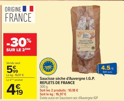 Saucisse sèche d'Auvergne I.G.P. REFLETS DE FRANCE