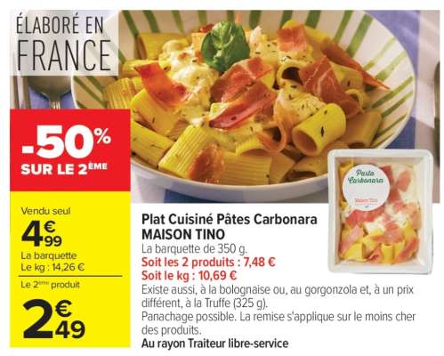 Plat cuisiné pâtes carbonara MAISON TINO