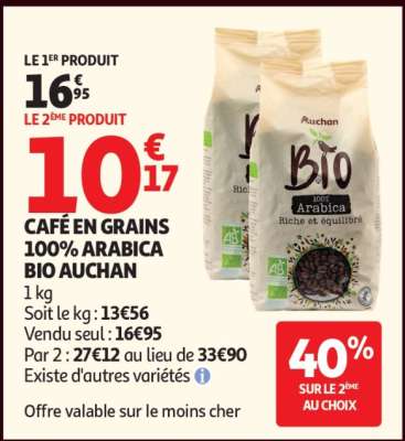 CAFÉ EN GRAINS 100% ARABICA BIO AUCHAN