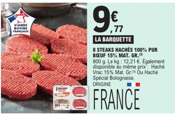 8 STEAKS HACHÉS 100% PUR BŒUF 15% MAT. GR.