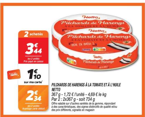 PILCHARDS DE HARENGS À LA TOMATE ET À L'HUILE NETTO