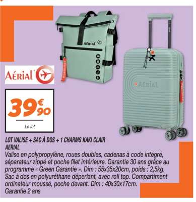 LOT VALISE + SAC À DOS + 1 CHARMS KAKI CLAIR AERIAL