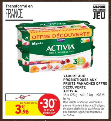 YAOURT AUX PROBIOTIQUES AUX FRUITS PANACHÉS OFFRE DÉCOUVERTE ACTIVIA