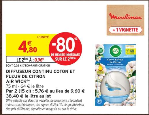DIFFUSEUR CONTINU COTON ET FLEUR DE CITRON AIR WICK