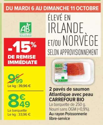2 pavés de saumon Atlantique avec peau CARREFOUR BIO