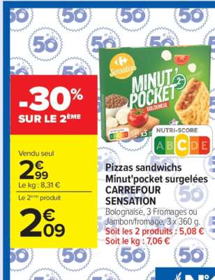 Pizzas sandwiches Minut'pocket surgelées CARREFOUR SENSATION