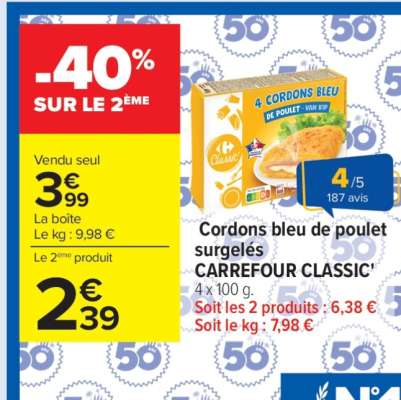 Cordons bleu de poulet surgelés CARREFOUR CLASSIC'
