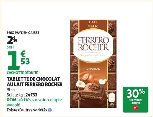 TABLETTE DE CHOCOLAT AU LAIT FERRERO ROCHER