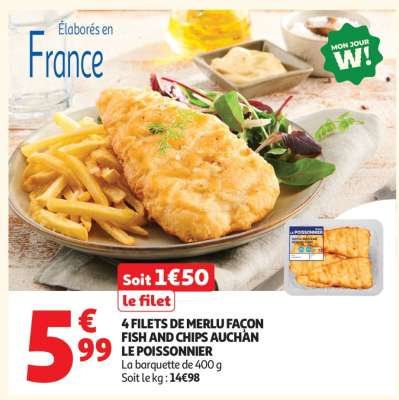 4 FILETS DE MERLU FAÇON FISH AND CHIPS AUCHAN LE POISSONNIER