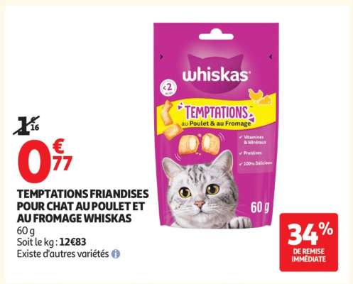 TEMPTATIONS FRIANDISES POUR CHAT AU POULET ET AU FROMAGE WHISKAS