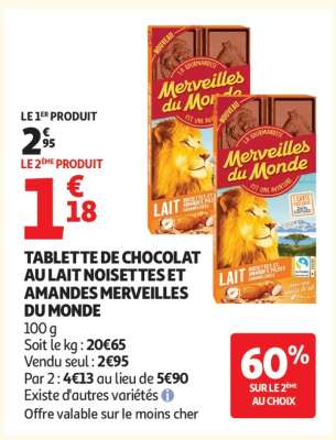 TABLETTE DE CHOCOLAT AU LAIT NOISETTES ET AMANDES MERVEILLES DU MONDE