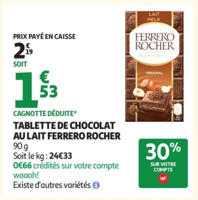 TABLETTE DE CHOCOLAT AU LAIT FERRERO ROCHER